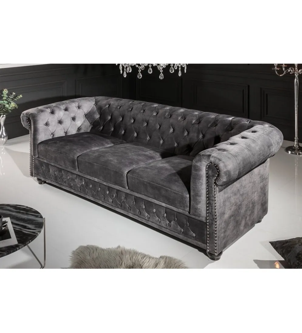 Sofa ARIELLE Chesterfield 205 Cm szary aksamit
